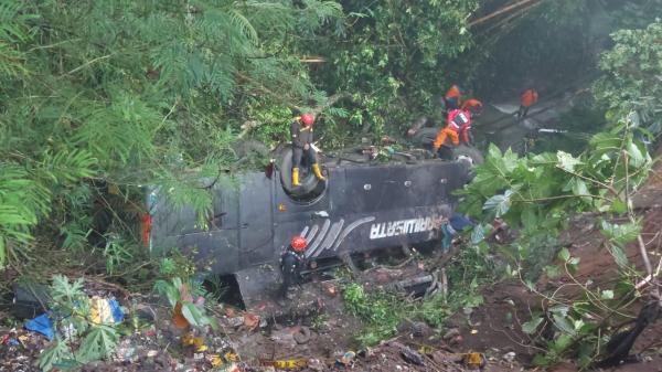 Penampakan Bus Pariwisata Membawa 60 Rombongan Siswa SD Terjun ke Jurang Sedalam 25 Meter