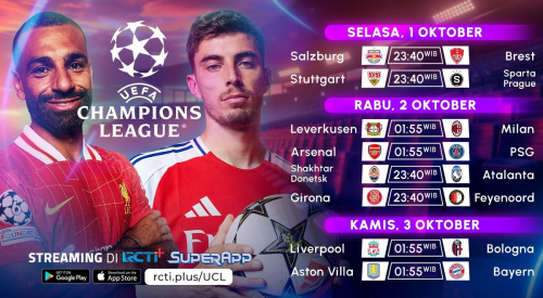 Jadwal dan Link Live Streaming Matchday Kedua Liga Champions 2024-2025 di RCTI: Arsenal vs PSG hingga Liverpool vs Bologna!